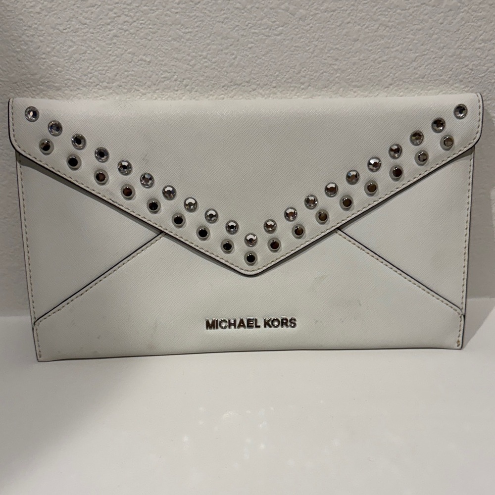 Michael Kors Silver Studded White Clutch